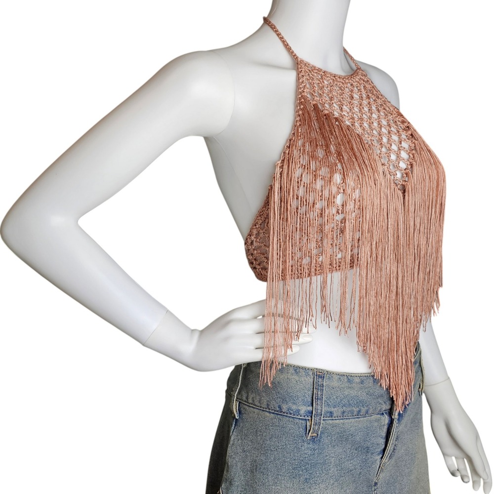 Handmade Crochet Fringe Halter Top, Boho Festival Top, Summer Fashion - Picture 7 of 11